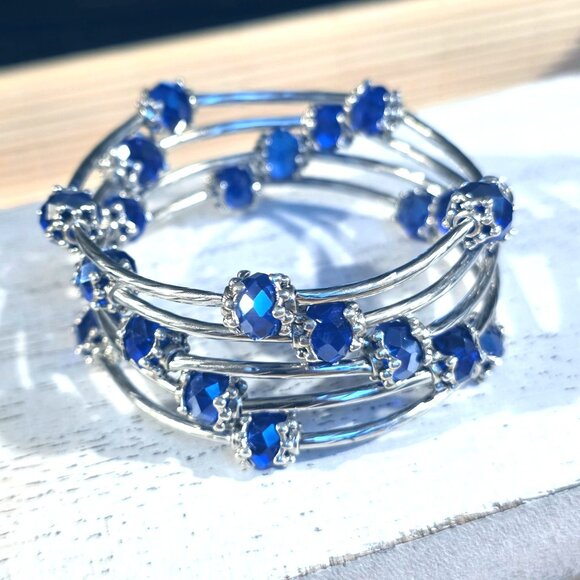 Handcrafted Crystal Wrap Bracelet With Blue Faceted Beads - Picture 3 of 7